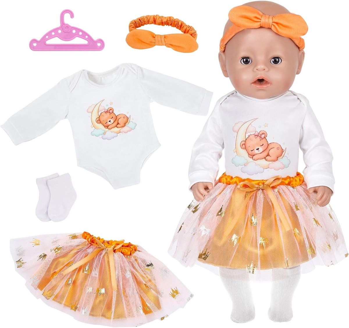 Set van 5 Kledingstukken voor Baby Poppen van 35-43 cm, inclusief T-shirt, Tulle Rok, Haarband en Sokken, Geschikt voor Creatieve Speelervaringen