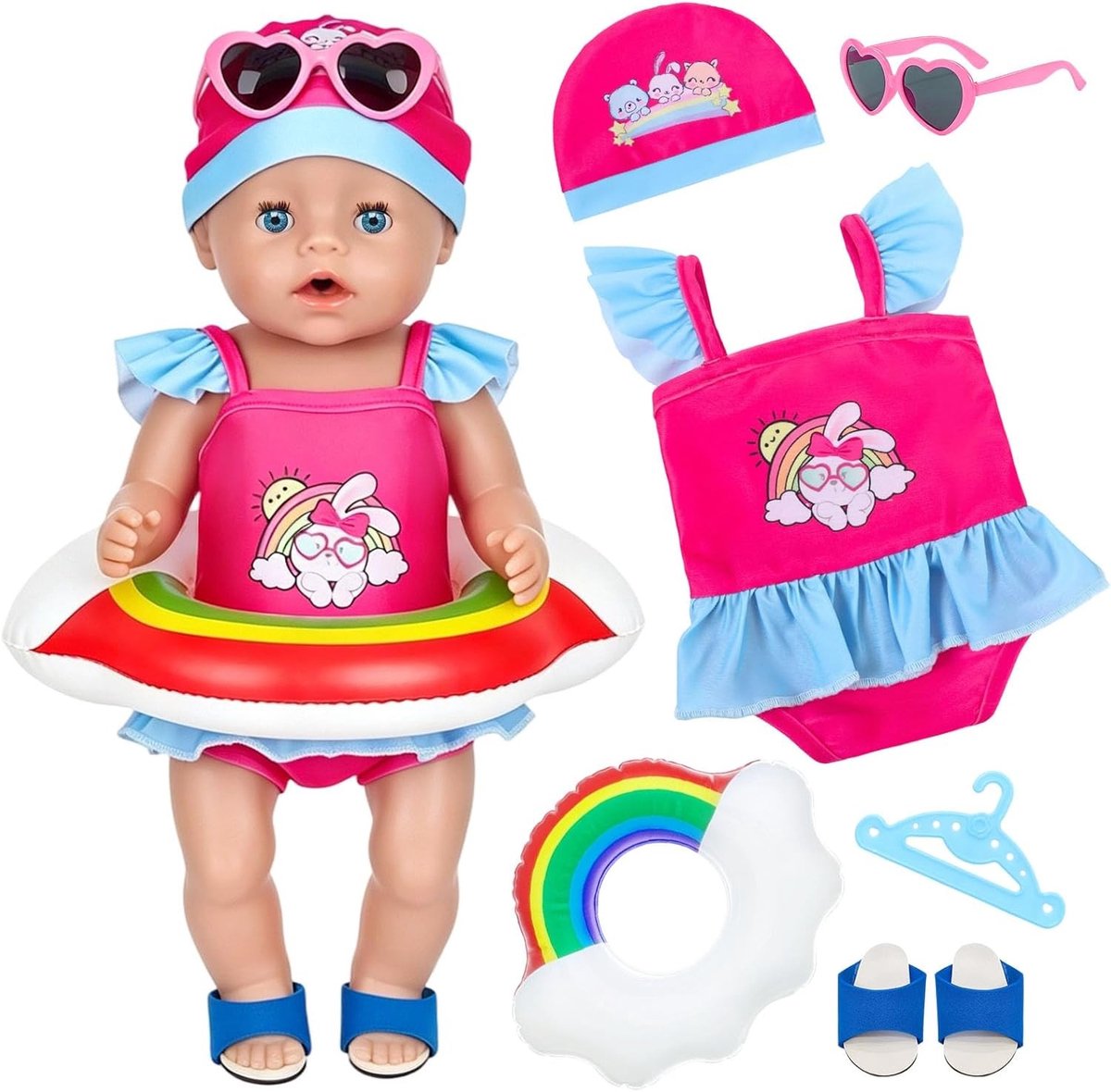 Zesdelige zwempakset voor poppen van 36-43 cm met zwemaccessoires zoals zwembril, zwemband en kledinghanger, ideaal voor het spelen met baby- en kinderpoppen.