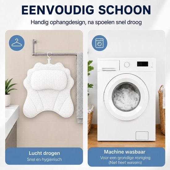 Wit badkussen hangt aan een rekje en een witte wasmachine met wasgoed.
