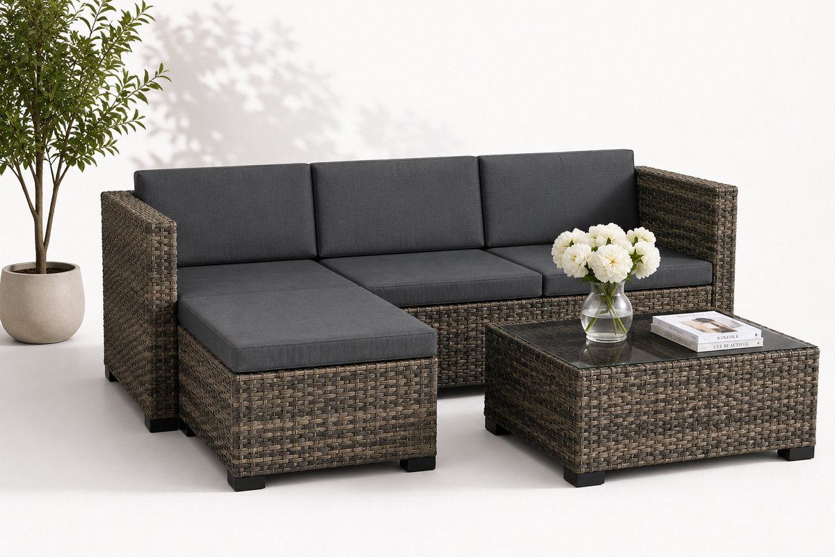 Jurrys Loungeset - Tuinmeubels - Hoekbank - Tuinset - 5 Delig - Comfortabel - Weerbestendig - Inc Kussens - Donkergrijs - 188x120x61cm