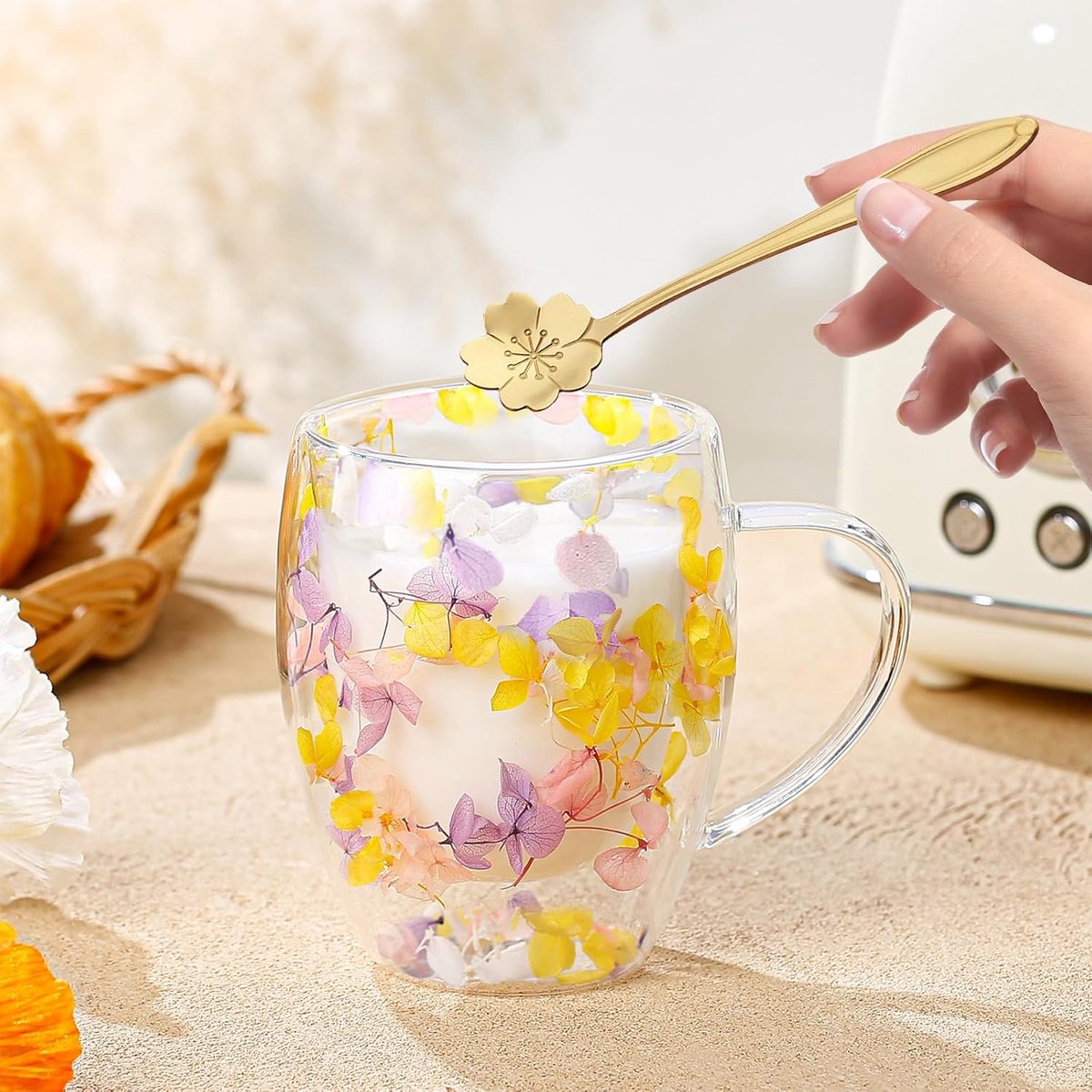 Dubbelwandige glazen koffiemokken, esthetische gedroogde bloemen kopjes met handgrepen, espressokopjes voor cappuccino koffie thee melk, geïsoleerde hittebestendige glazen mok — cadeau in Koken & Dineren - foto 4