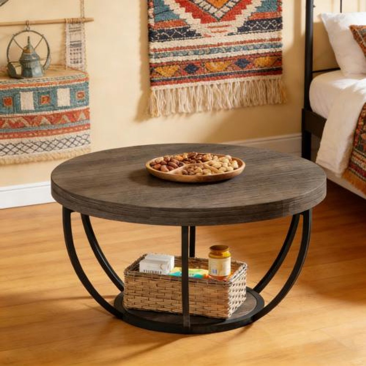 REDOM - Salontafel - Rond 2-laags ontwerp - Met onderste opberglaag - Minimalistische stijl - Woonkamer, kantoor of ontvangstruimte - Metaal en hout - Grijs - 80 x 80 x 45 cm