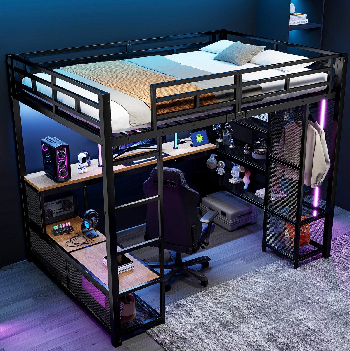 DESMIU Hoogslaper 140x200 cm – Met Bureau, Usb En Ledverlichting – Open Kledingrek En Opbergruimte – Voor Slaapkamer – Metaal En Mdf – Zwart – Zonder Matras