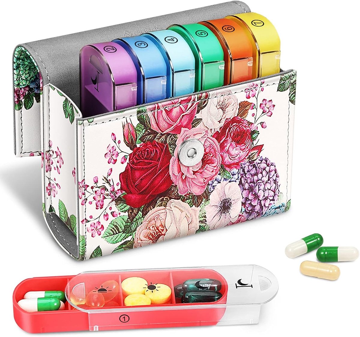 Tablet Box voor 7 Dagen met 4 Compartimenten - Medicijn Doos voor Pillen, Vitamines en Visolie met Faux Leren Tas en Naamkaart voor Ochtend, Middag en Avond Gebruik