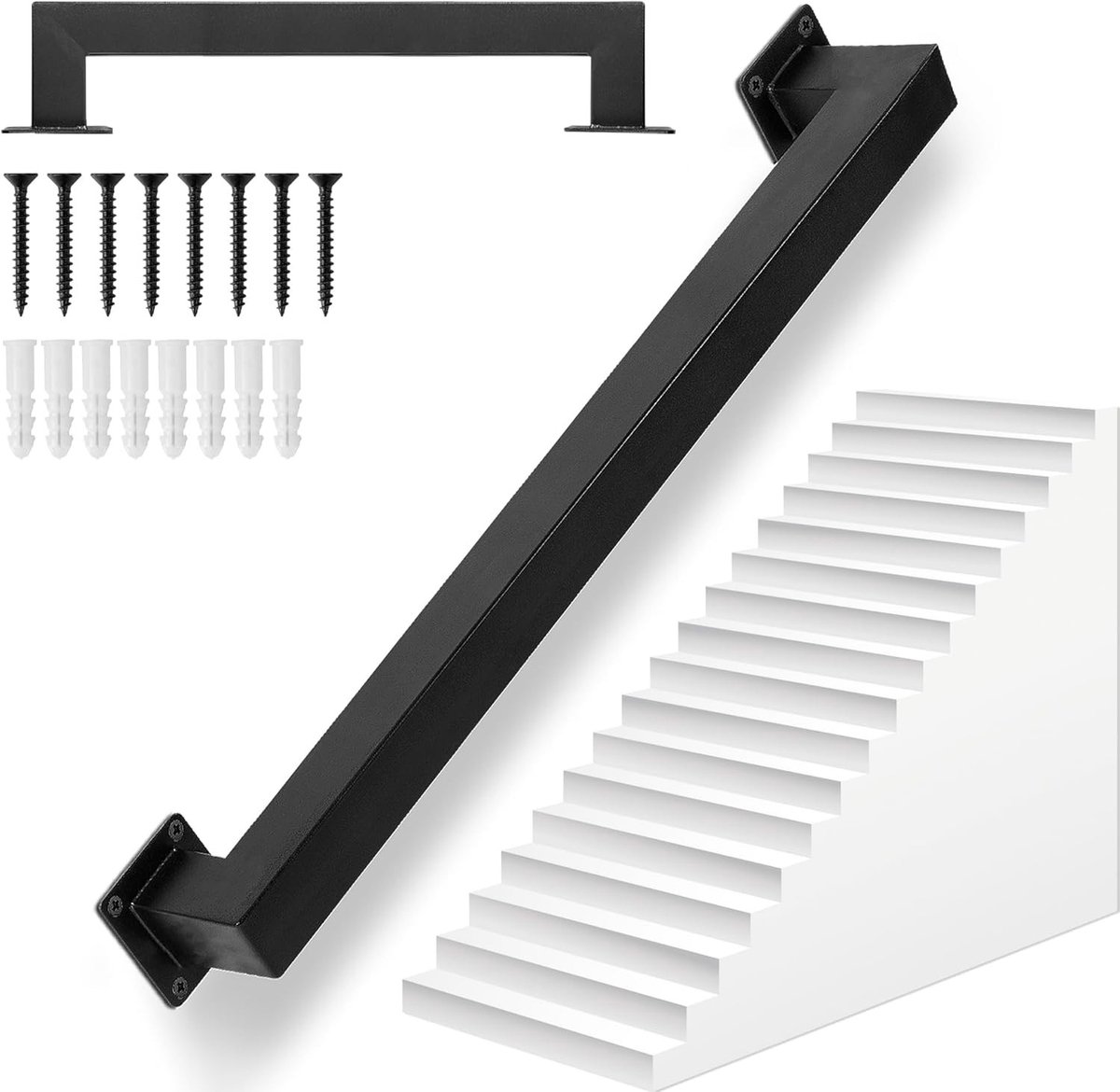 Carbon Stalen Vierkante Buis Leuning voor Muur - Binnen en Buiten Trapleuning, Hoogte 7.5 cm, Zwart, Duurzaam en Modern Design