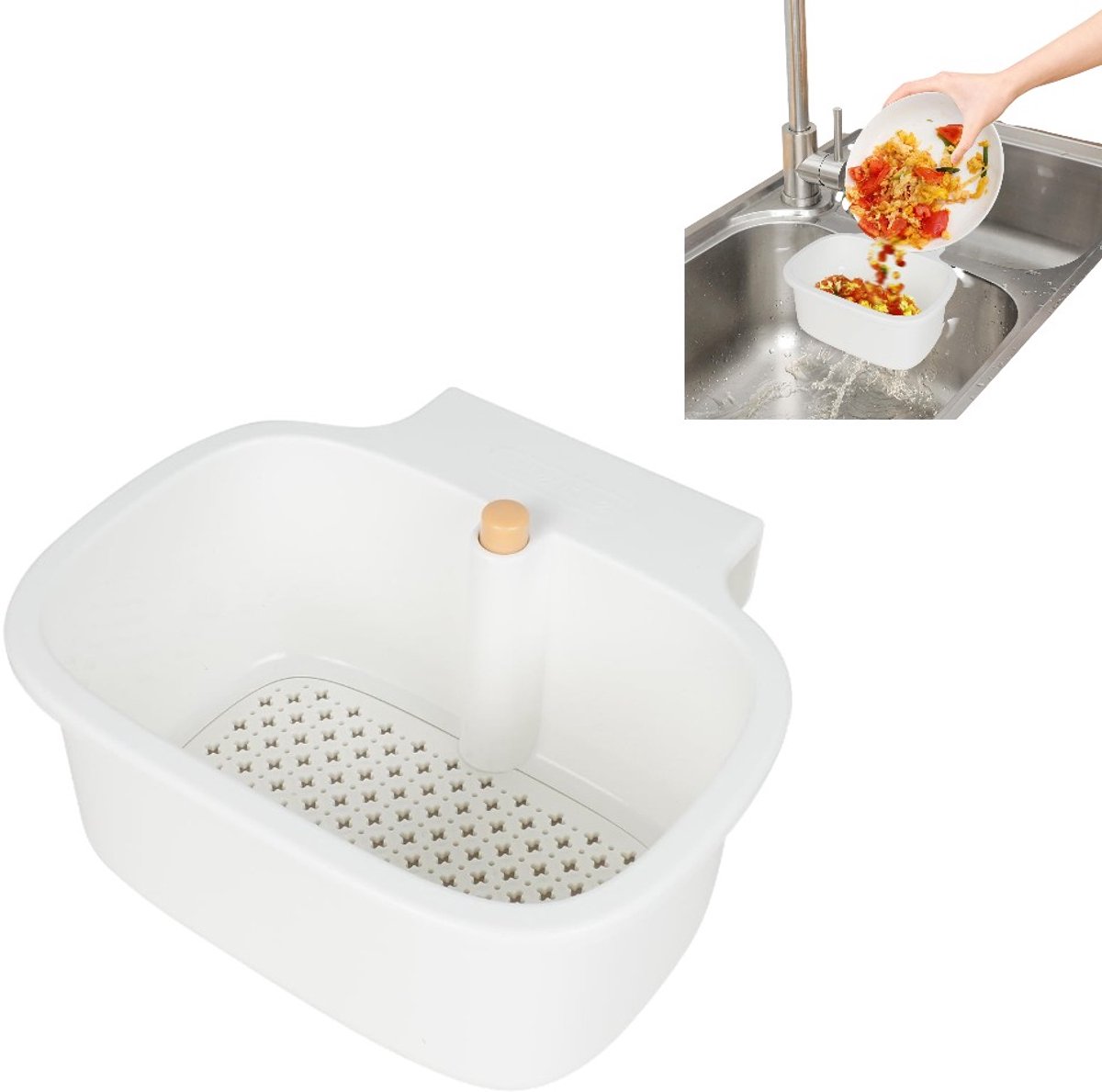 Witte hangende gootsteenzeef - met drukknopopening - keukenrek - geschikt voor het opbergen van sponzen, borstels, fruit en keukenafval - 18,5*16*9 cm