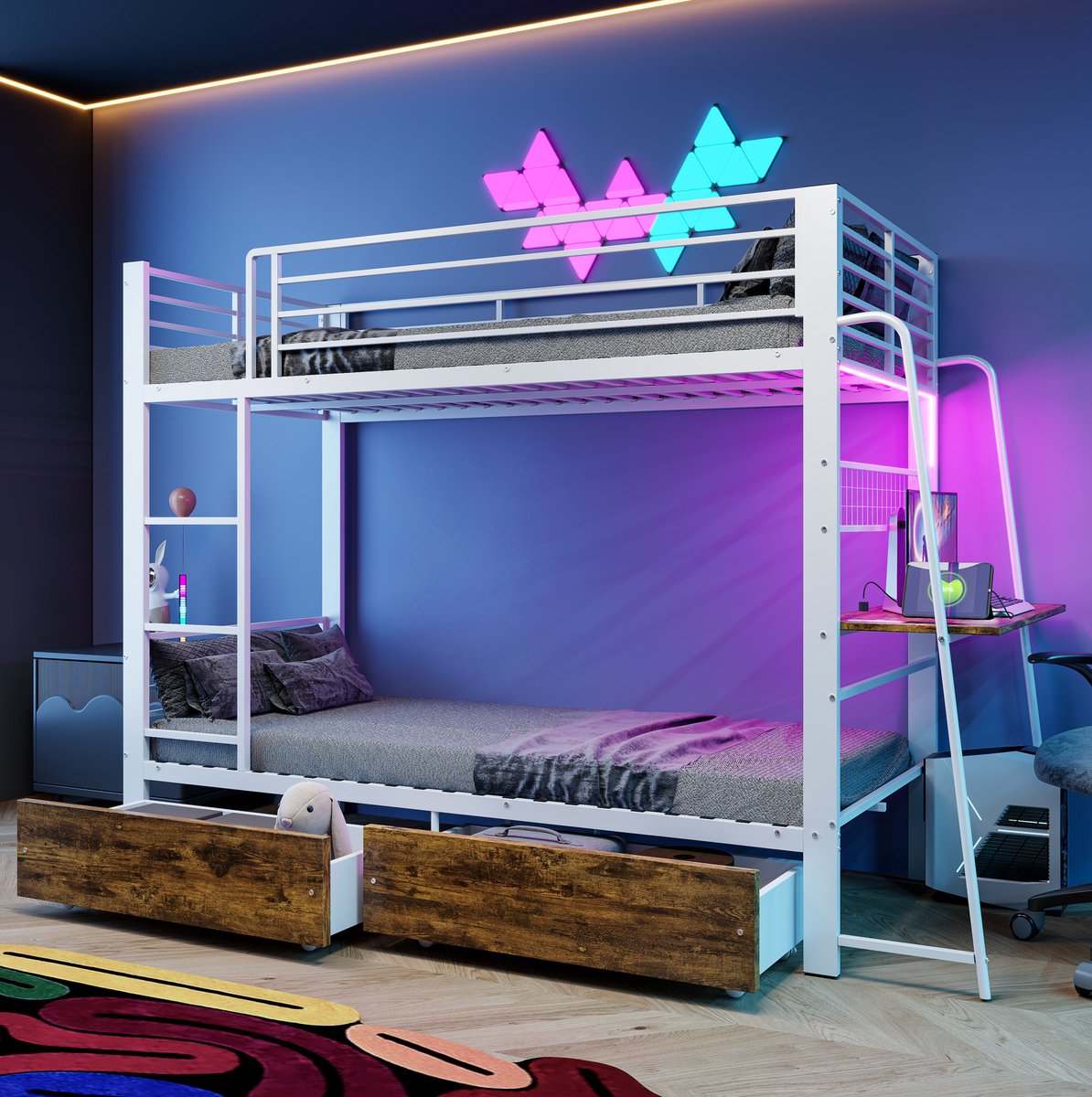 STILVORA Stapelbed 90x200 cm – Bureau en Ledverlichting – Opberglades – Voor Jeugd en Volwassenen – Metaal en MDF – Matte Wit – Zonder Matras