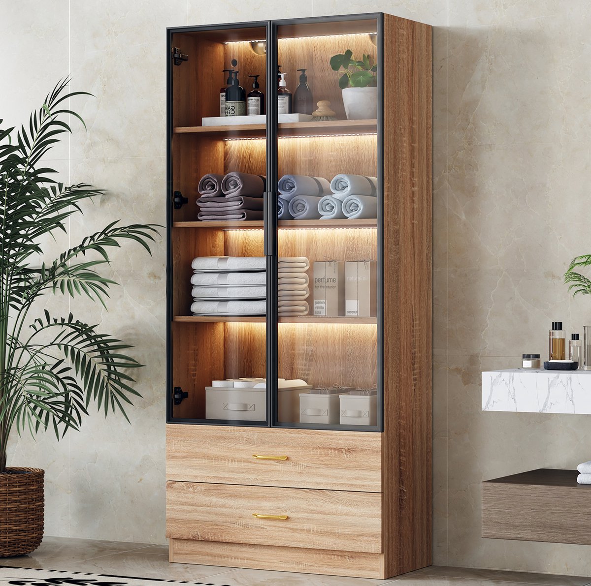 COVREO badkamerkast 75 x 34,5 x 170 cm bruin, MDF met verlichting