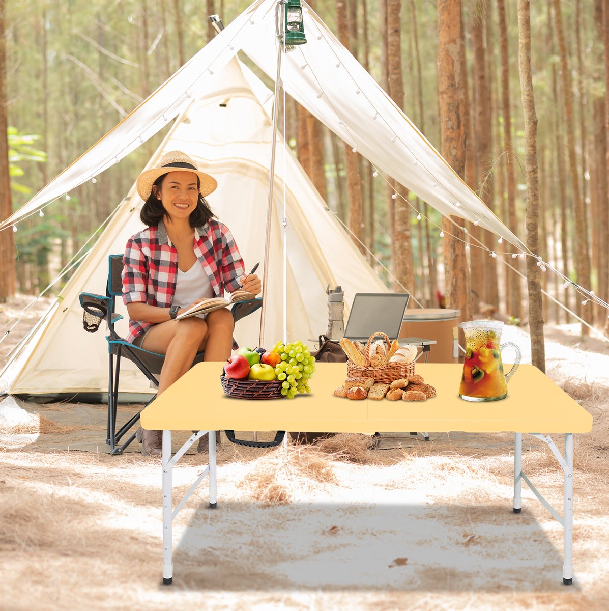 MODENUIT Picknicktafel - Opvouwbaar Met Verstelbare Hoogte - Voor Camping En Picknick - Geel - 125x61 Cm