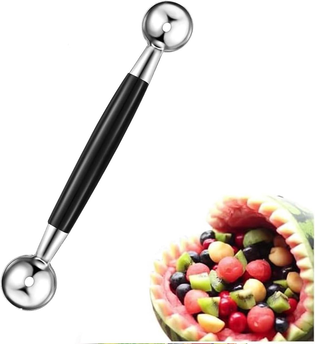 Dubbelzijdige meloenballer van roestvrij staal, kleine ijslepel en macaronvorm voor fruit en desserts bereiden