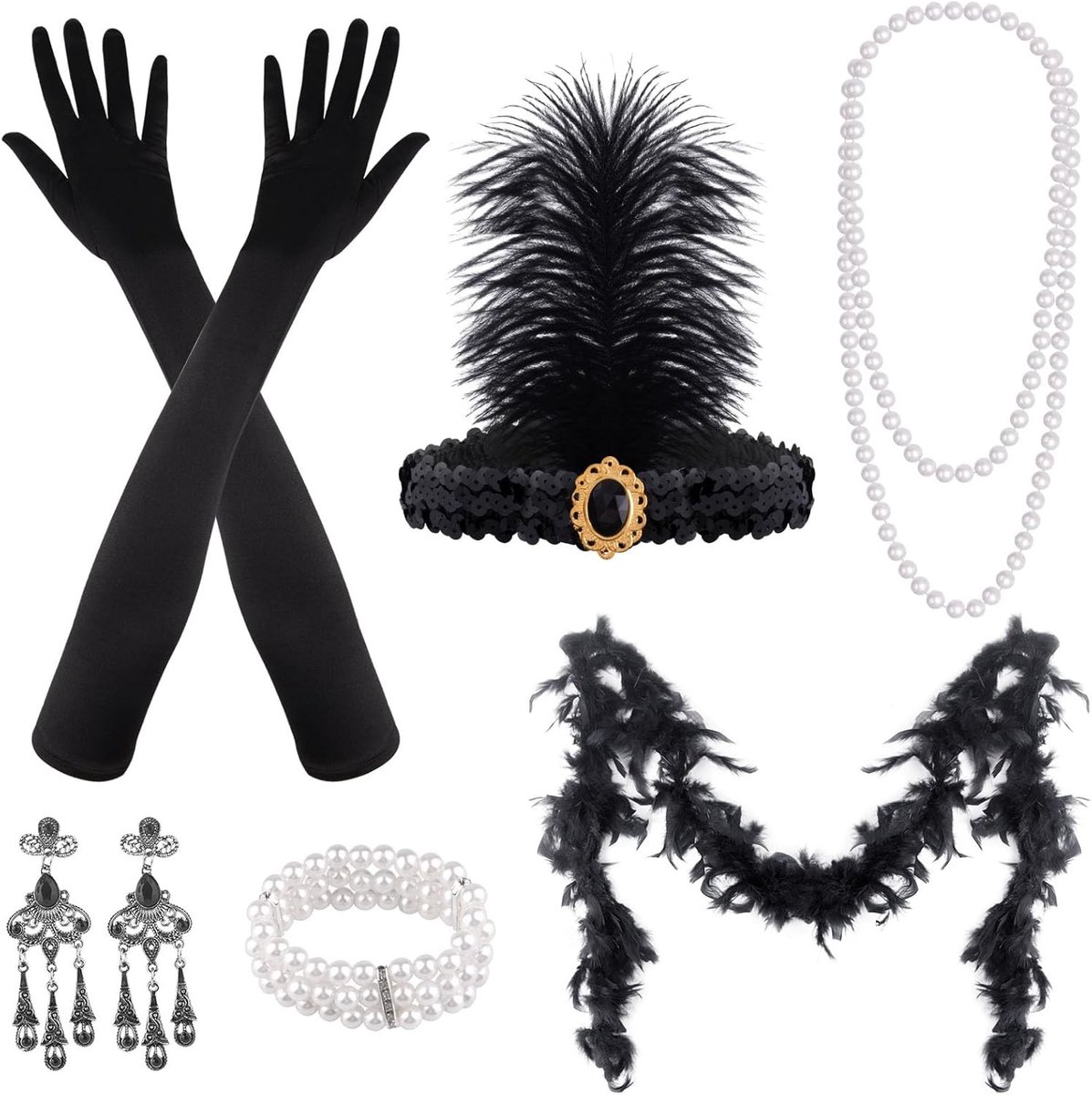 1920s Gatsby Accessoires Set voor Vrouwen, 9 Stuks: Flapper Hoofdband, Ketting, Oorbellen, Lange Zwarte Handschoenen en Boa