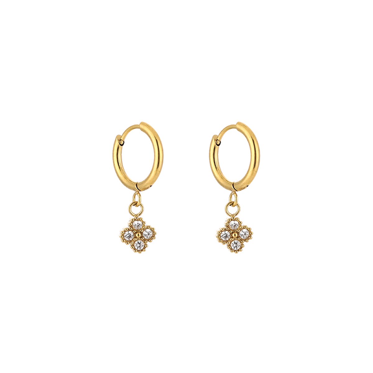 Stainless Steel Pavé Zirconia Four-Leaf Clover Charm Hoops – Luxe Zirkonia Klavertje Oorringen – RVS - Goud