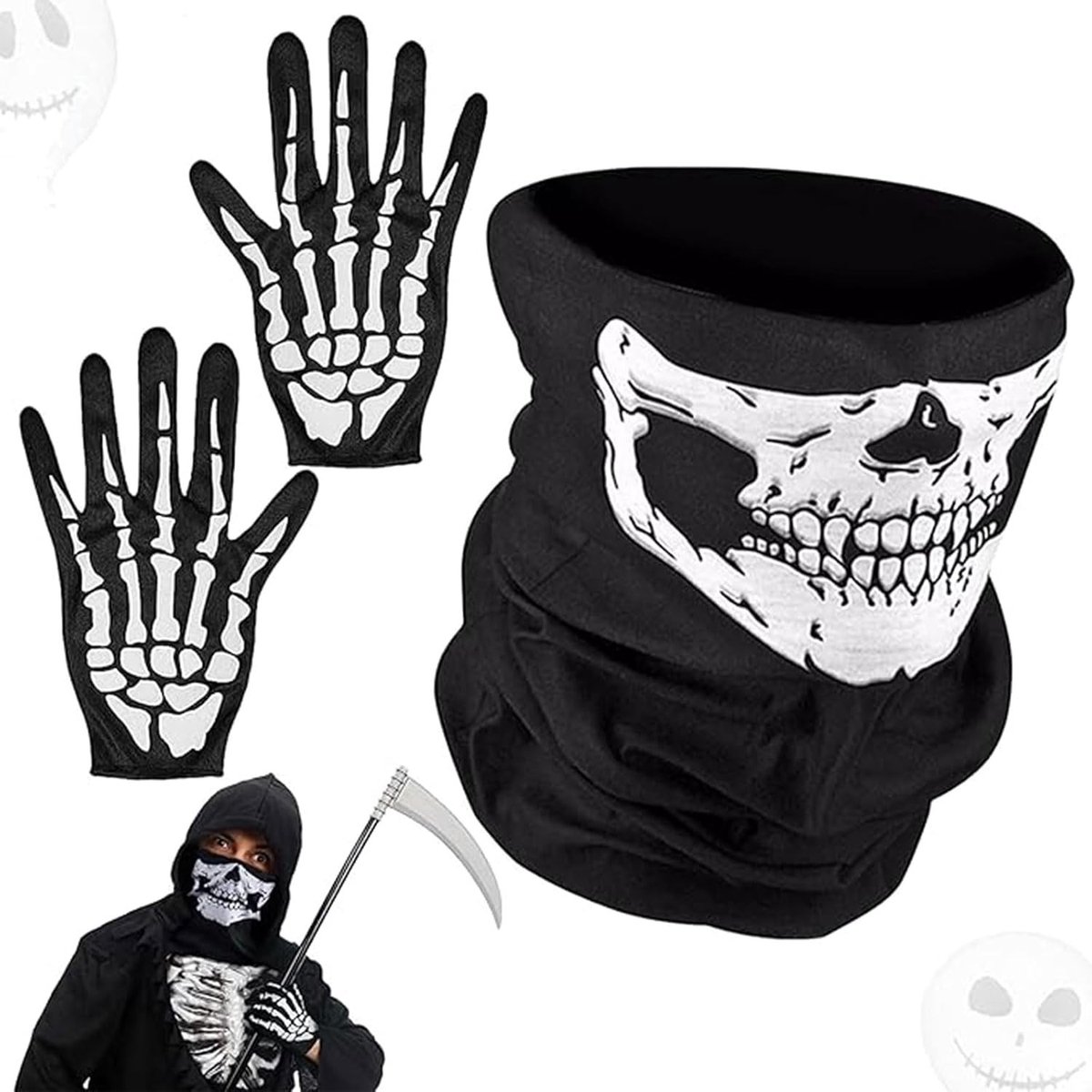 Skeleton Mask Handschoenen met Schedel Gezicht en Slang Motief voor Halloween Cosplay Kostuum en Feestdecoratie