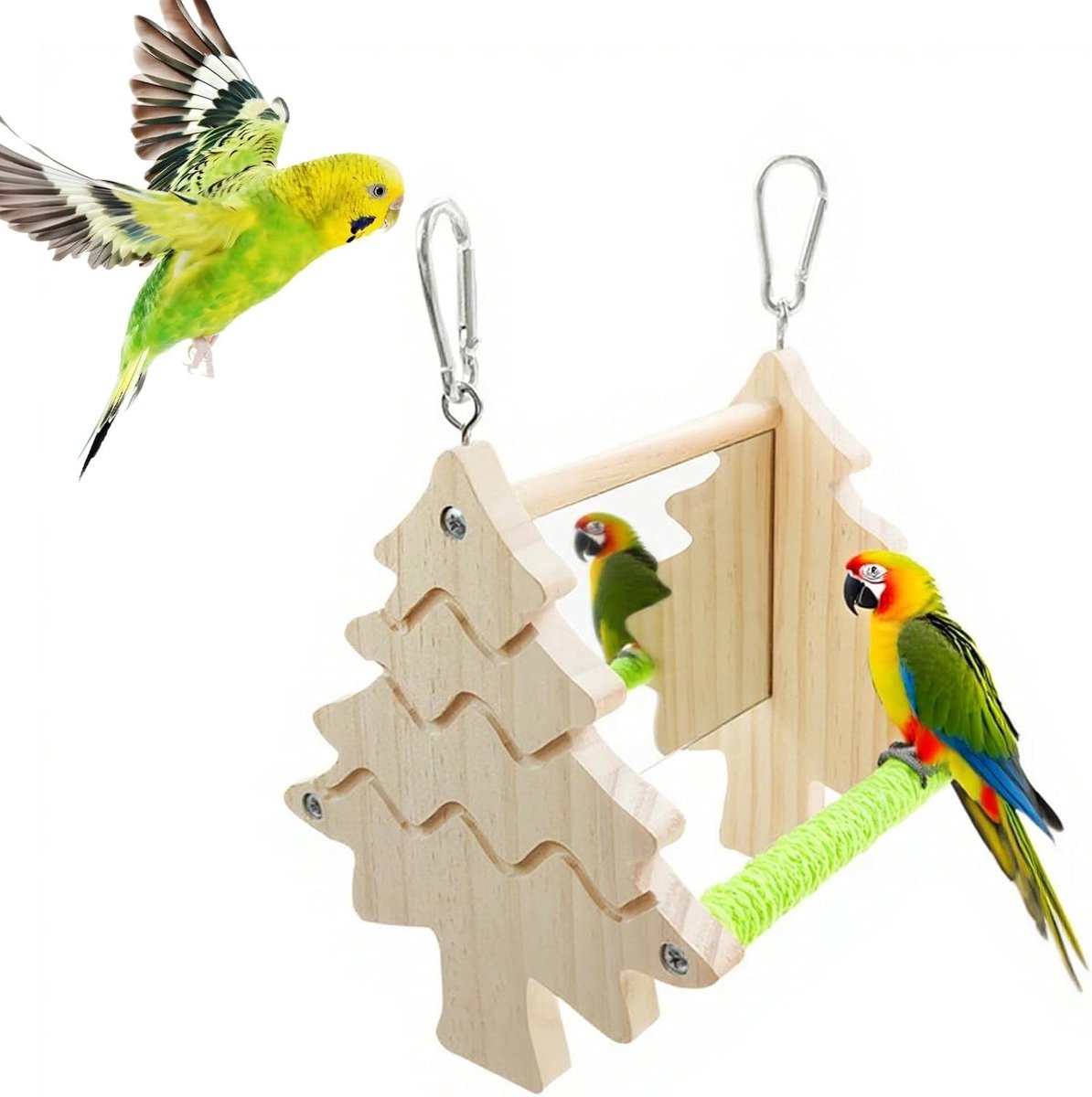 Dubbelzijdige spiegel speeltje voor vogels, houten zitstok met spiegel, interactieve speelaccessoires voor papegaaien, schommels en touwen