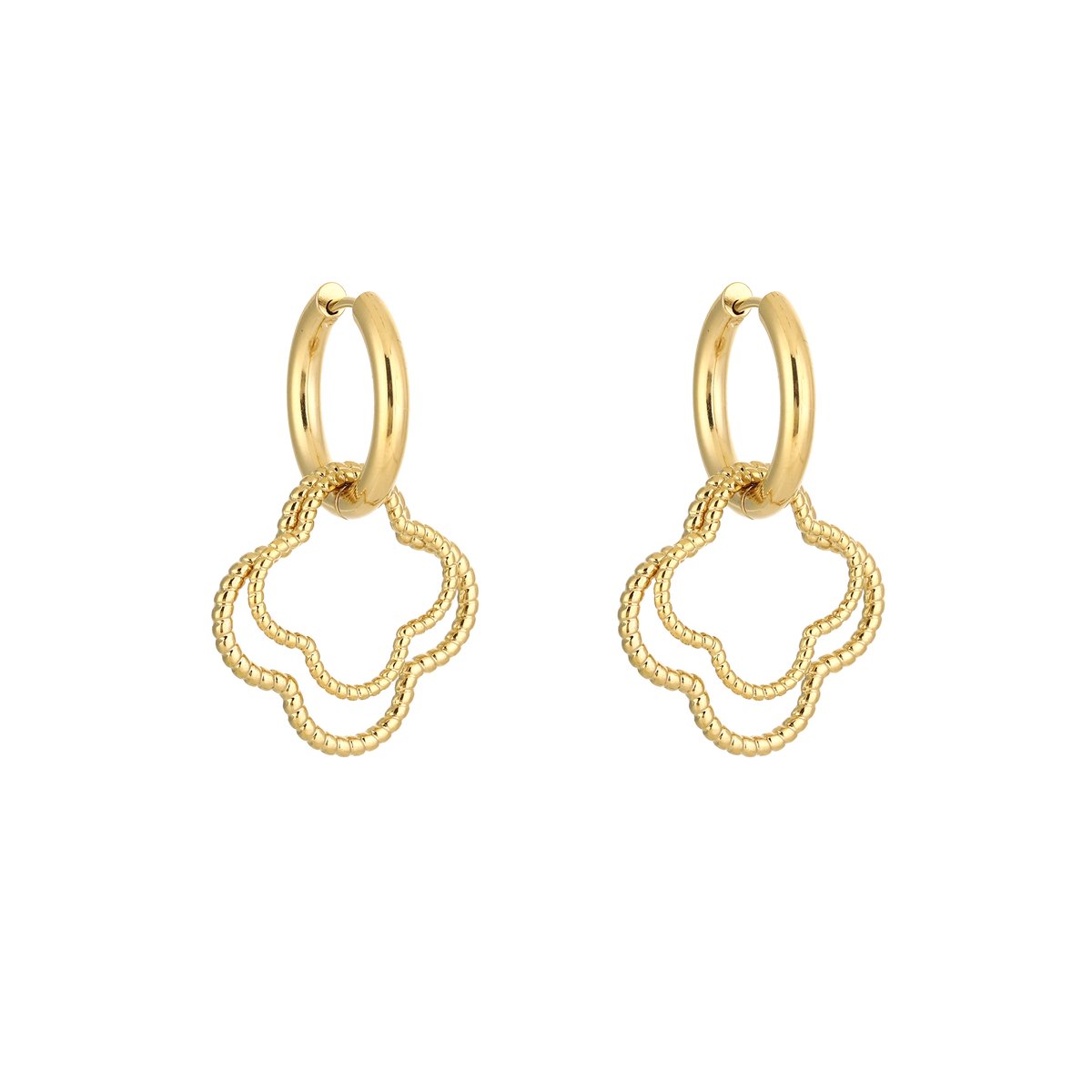 Stainless Steel Twisted Open Clover Charm Hoops – Luxe Getwiste Open Klaver Oorringen – RVS - Goud