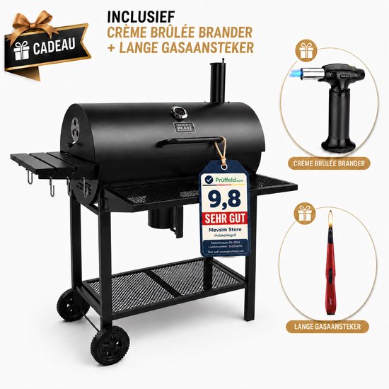 Zwarte barbecue met barbecue en brander "Crème brûlée". Inclusief een gasaansteker.