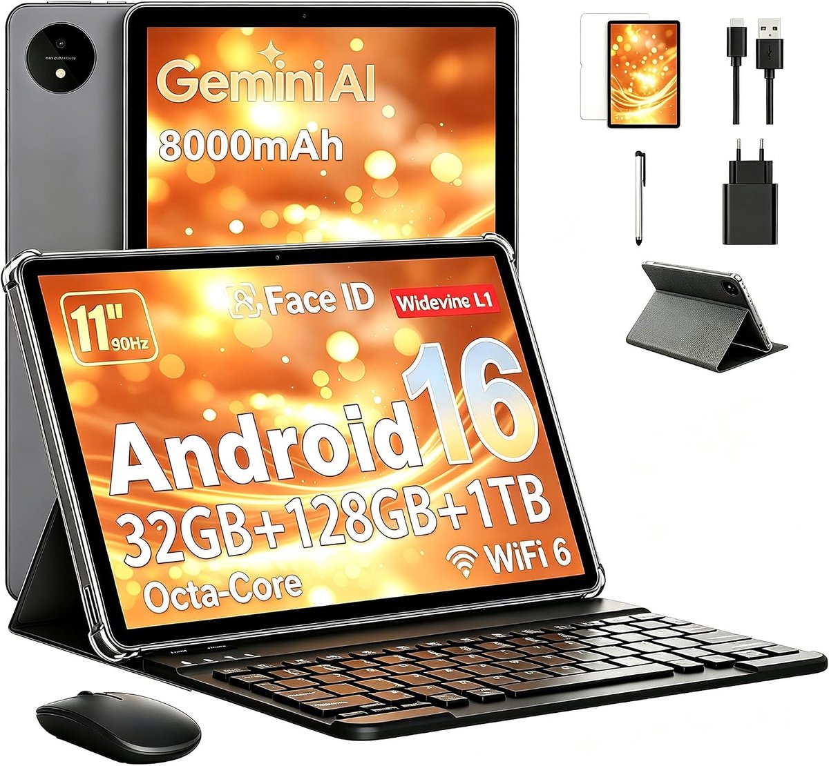 SnelShoppen - Tablet 11 Inch met Gemini AI, Android 16 Tablets, Octa-Core, 32 GB RAM, 128 GB ROM, 1 TB TF, 1920x1200 HD Display, 90 Hz, 8MP + 16MP Cam