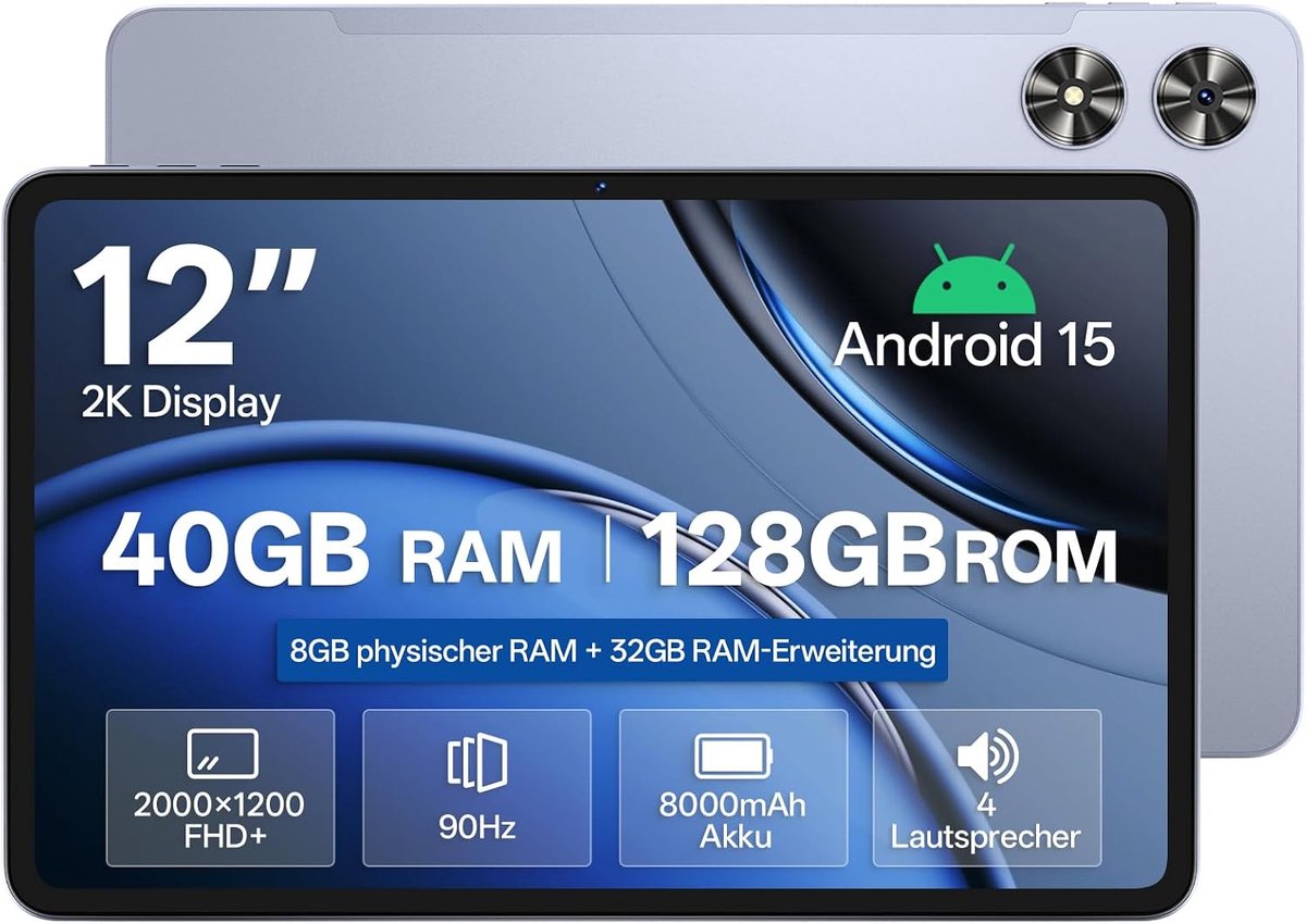SnelShoppen - SVITOO Tablet 12 inch, Android 15, Gemini app compatibel, Unisoc T7280 Octa-Core 2,2GHz, 8GB RAM, 32GB opslag, 128GB ROM, 2K IPS 90Hz, 8