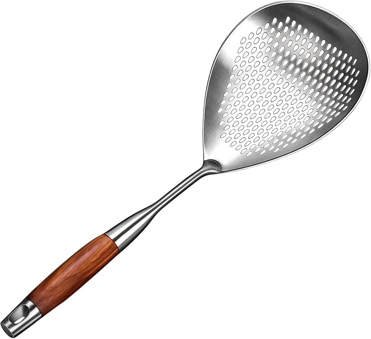Grote schuimlepel met houten handvat voor frituren en hete potten, 14,8 cm skimmerkop, 41,7 cm totaal, roestvrijstalen schuimlepel voor koken en bakken