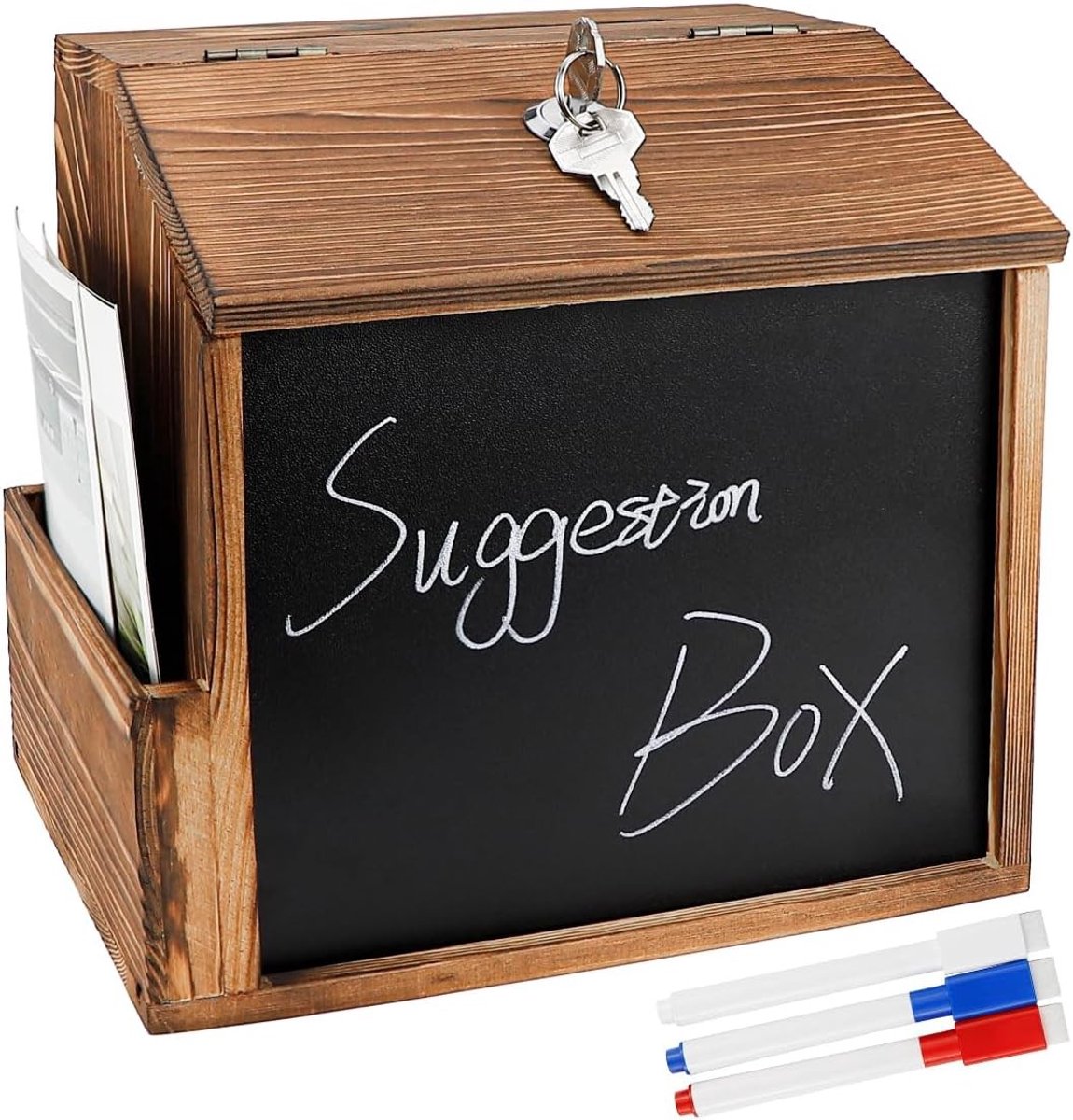 Slotbare Suggestiebox met Zwartbord - Houten Donatiebox voor Goede Doelen, Opmerkingen en Inzamelingen in Kantoor, Klantencentrum, School en Ziekenhuis