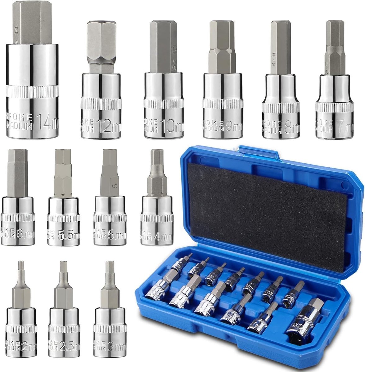Complete Set van 13 Stuks Inbussleutels met Hexagonale Doppen voor 1/2, 3/8 en 1/4 Inch, Inclusief Opbergdoos voor Krachtdoppen en Koppelmoeren, Ideaal voor Klussen en Onderhoud