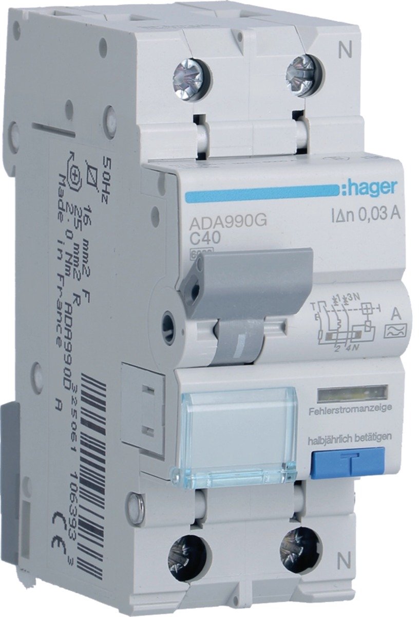 Hager aardlekautomaat C40 30mA 1P+N 6kA (ADA990G)