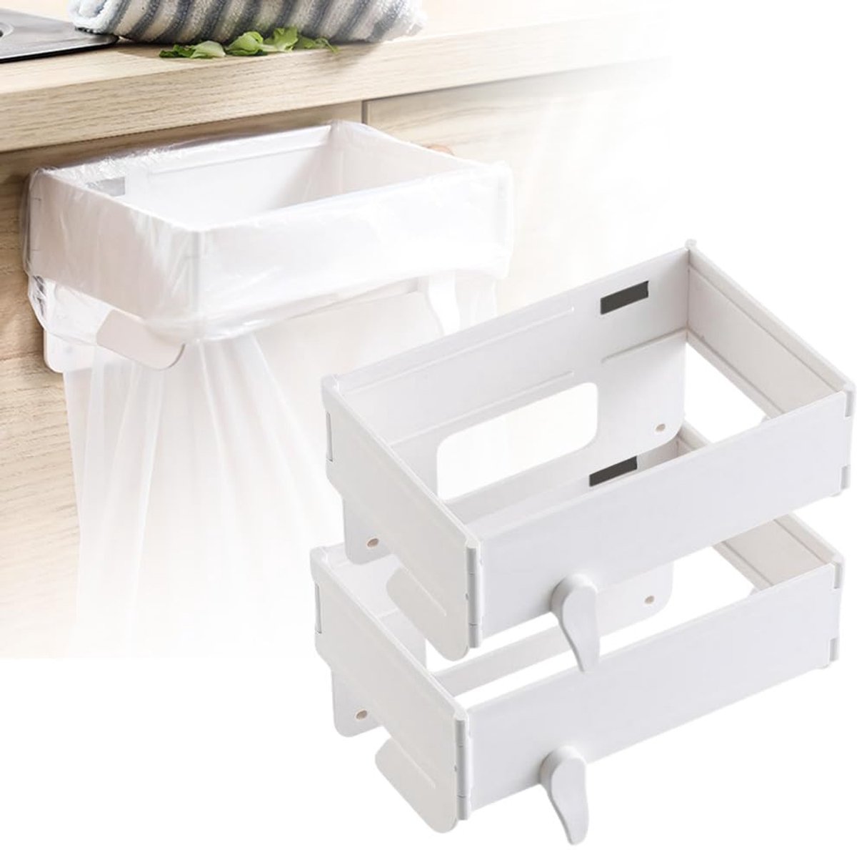 2 stuks-Vuilniszakhouder - Opvouwbaar vuilniszakrek - Vuilniszakhaken - Keukenaccessoires - Geschikt voor keukens, badkamers en toiletten - Wit - 18,5*12,5*5 cm