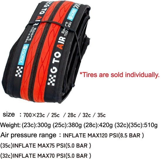 Opgerolde fietsband met rode en zwarte strepen, met tekst over maat en specificaties.