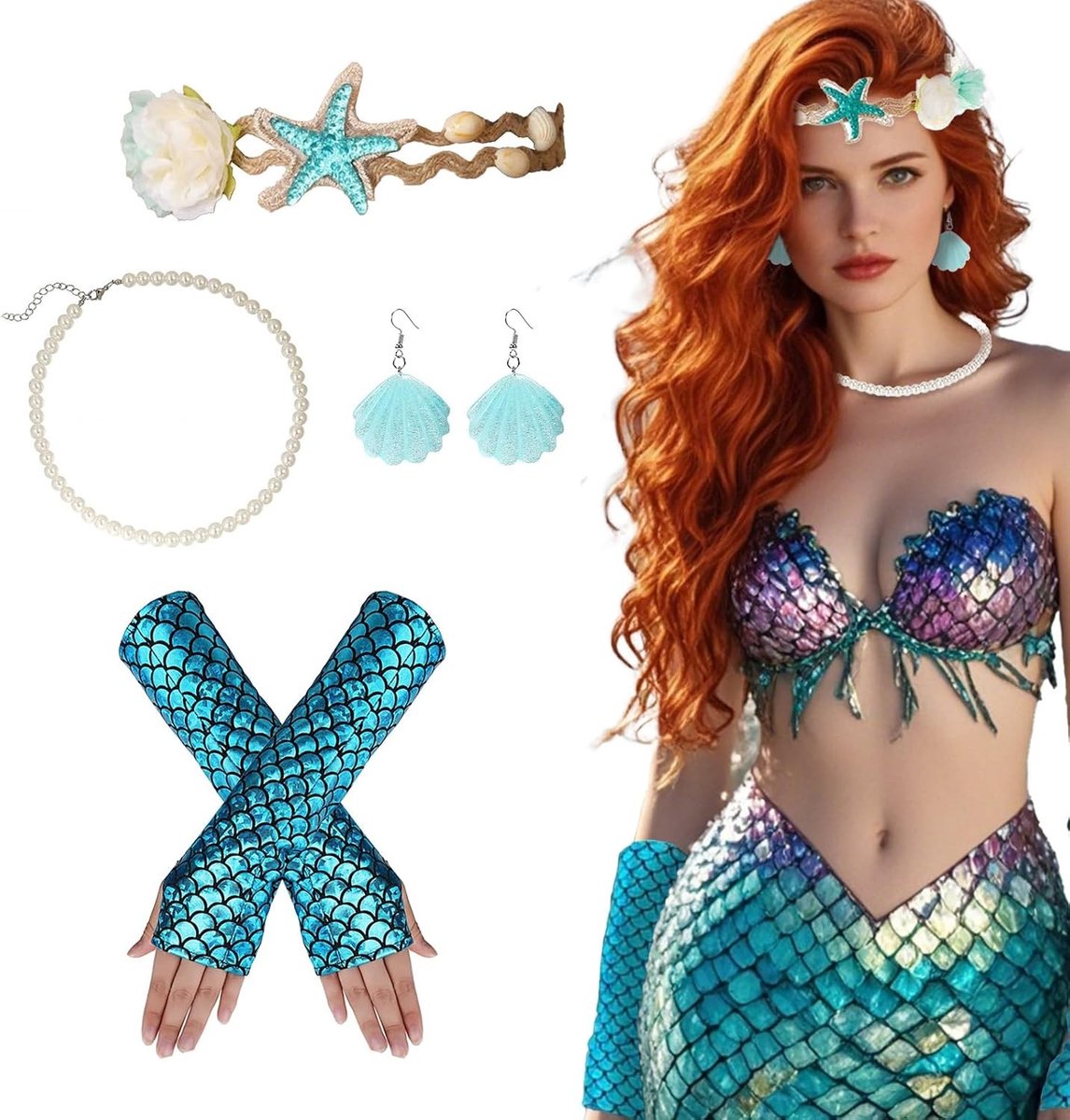 Mermaid Kostuum Accessoires voor Vrouwen - Haarband met Sterren, Schelpenhandschoenen en Parelketting voor Carnaval en Cosplay