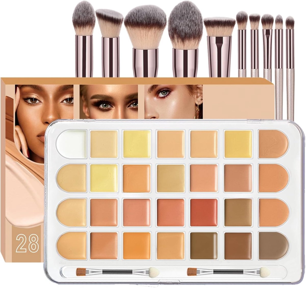 Concealer Set met 28 Kleuren en 10 Make-up Kwasten voor Dagelijks Gebruik en Feestjes