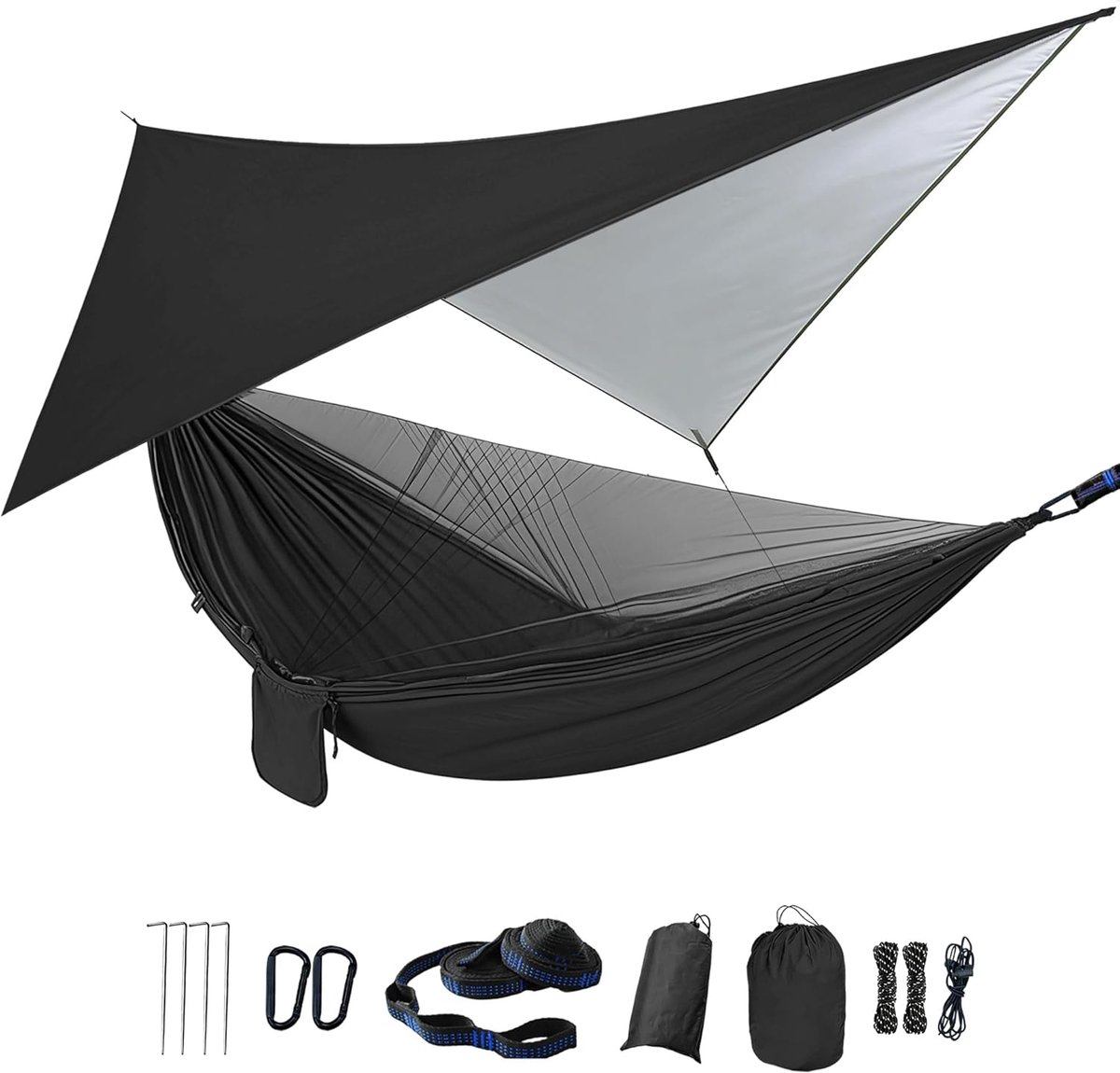 SnelShoppen - Camping Hangmat met Muggennet en Regenscherm, Stevige Boomriemen, Draagbare En Dubbele Parachute Hangmat, Waterdichte Set voor Kamperen,