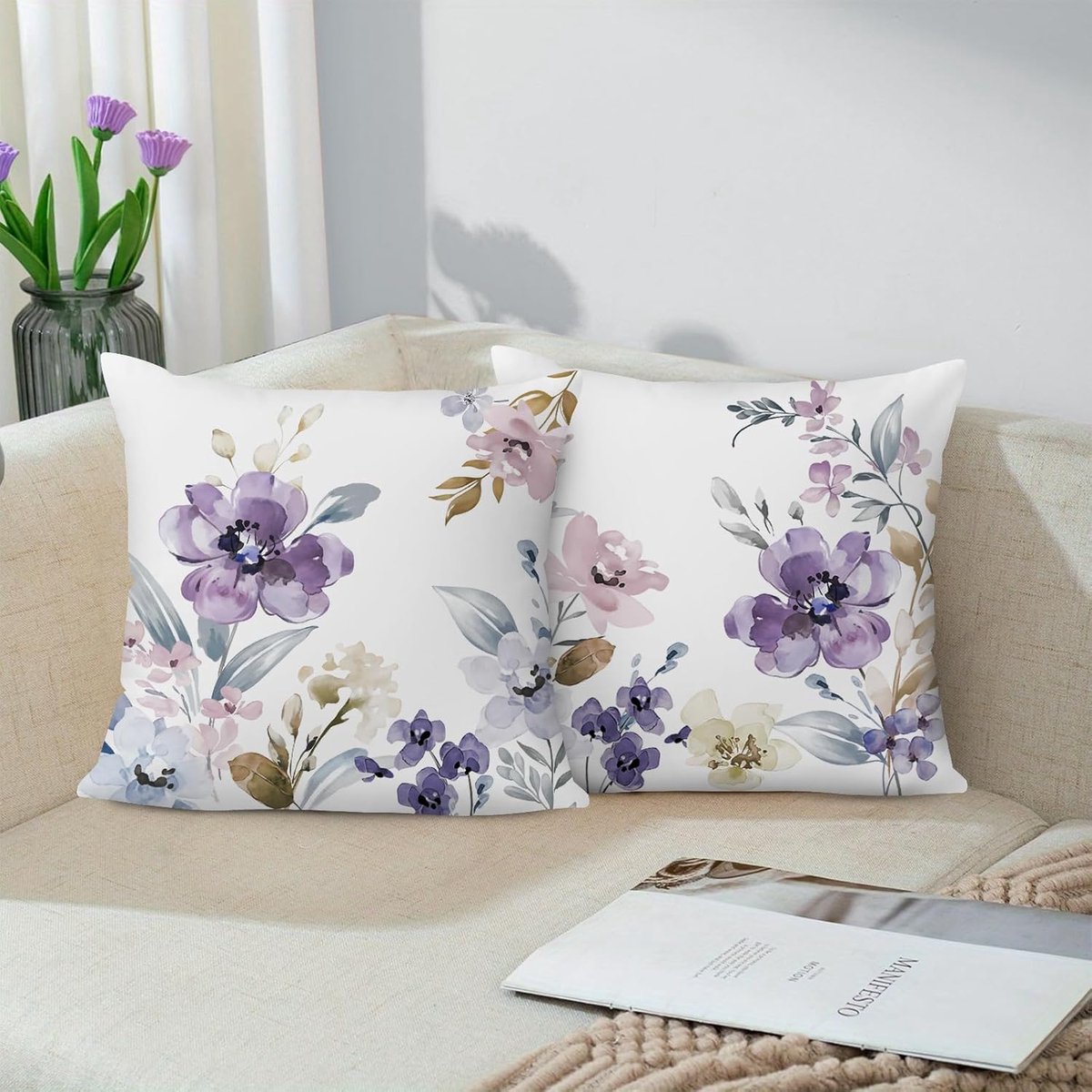 SnelShoppen - Set van 2 Kussenslopen Aquarel Bloemen 45 x 45 cm - Paarse Fluwelen Kussenhoezen voor Bank, Slaapkamer, Woonkamer, Tuin, Terras Decorati