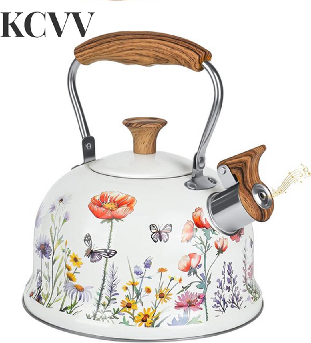 Fluitketel camping-fluitketel inductie-Theepot - 3-liter sodakoker - Kooktoestelkoker met gasboiler - met hittebestendig houten handvat - Roestvrijstalen kooktoestelkoker - Wit