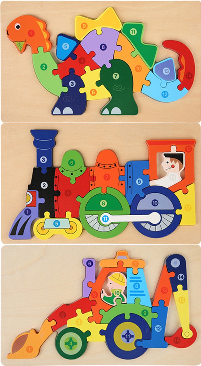 Houten Blokpuzzel-Montessori Speelgoed-3D puzzel-Kinderen-3 Jaar-Gift-Cadeau-Kraanwagen,Schoploader,Vrachtwagen, Educatief Spel voor 3 4 5 6 7 Jaar, Cadeau voor Jongens en Meisjes