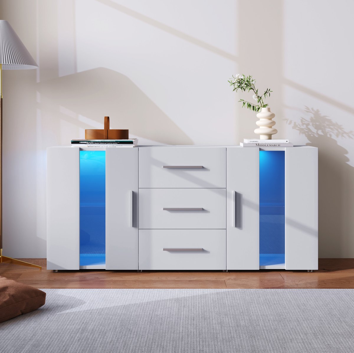 COVREO Dressoir 140x35x70 cm wit, van MDF met 3 lades en LED-verlichting