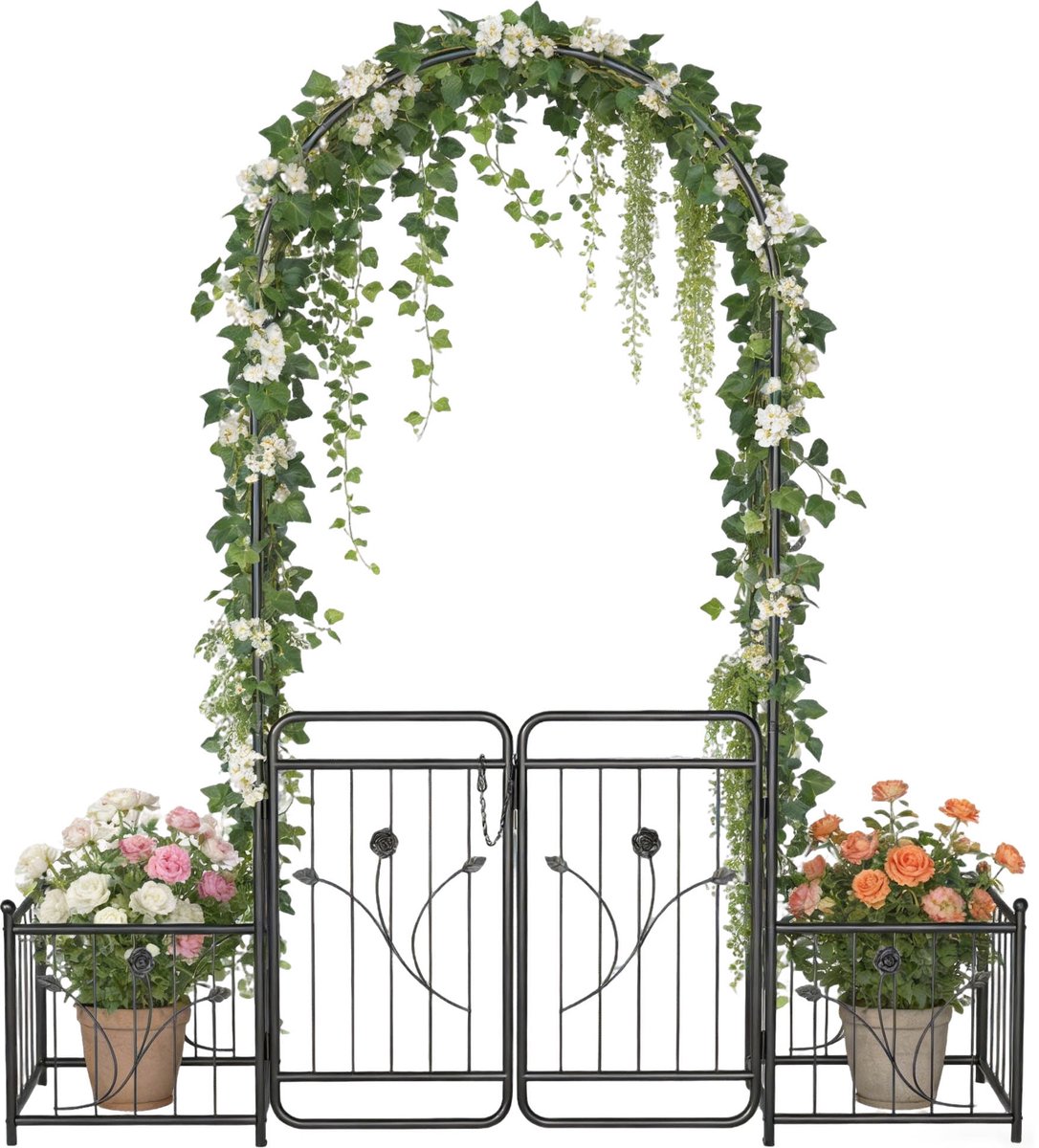 ACXIN Rozenboog Met Zijframes - Metalen Tuinboog Met Deur En Plantenbakken - Klimrek Voor Klimplanten En Rozen - Stabiele Plantensteun Voor Tuin Terras En Bruiloft