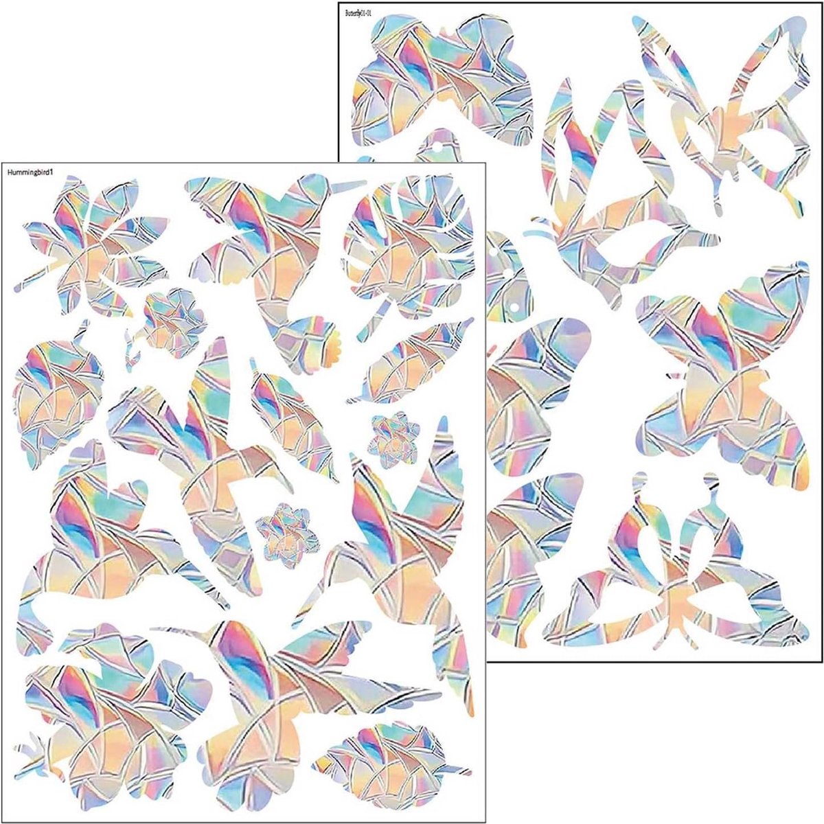 Raamstickers, vogelbescherming, 2 vellen (22 x 30 cm), prisma-design met vogels en vlinders, anti-botsing, elektrostatisch, herbruikbaar