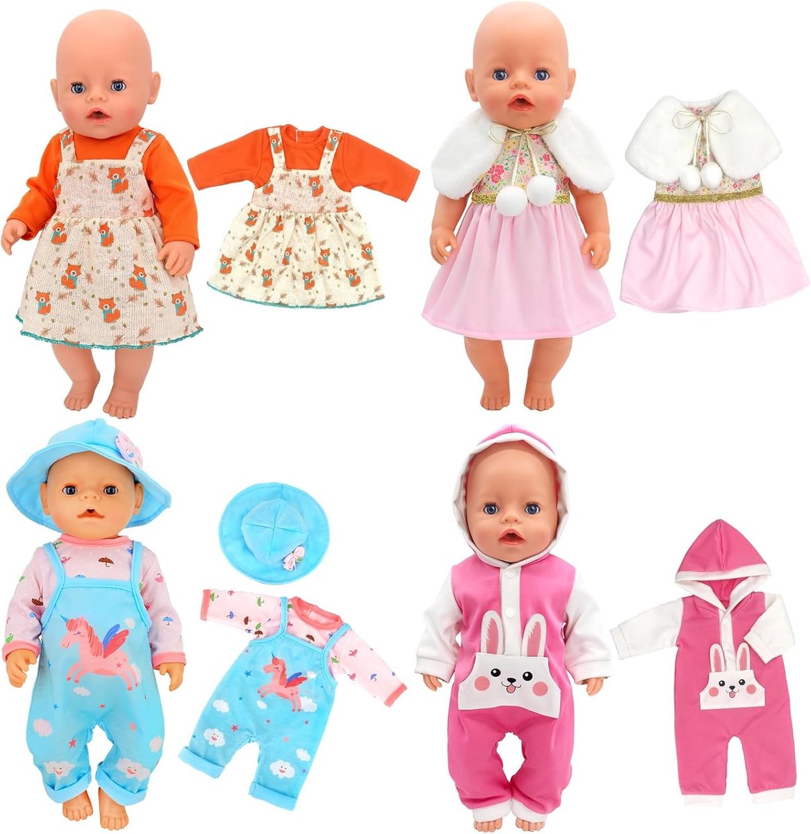Schattige Baby Poppenkleding Set van 4 voor 35-45 cm Poppen - Jurk, Hoed en Modeaccessoires
