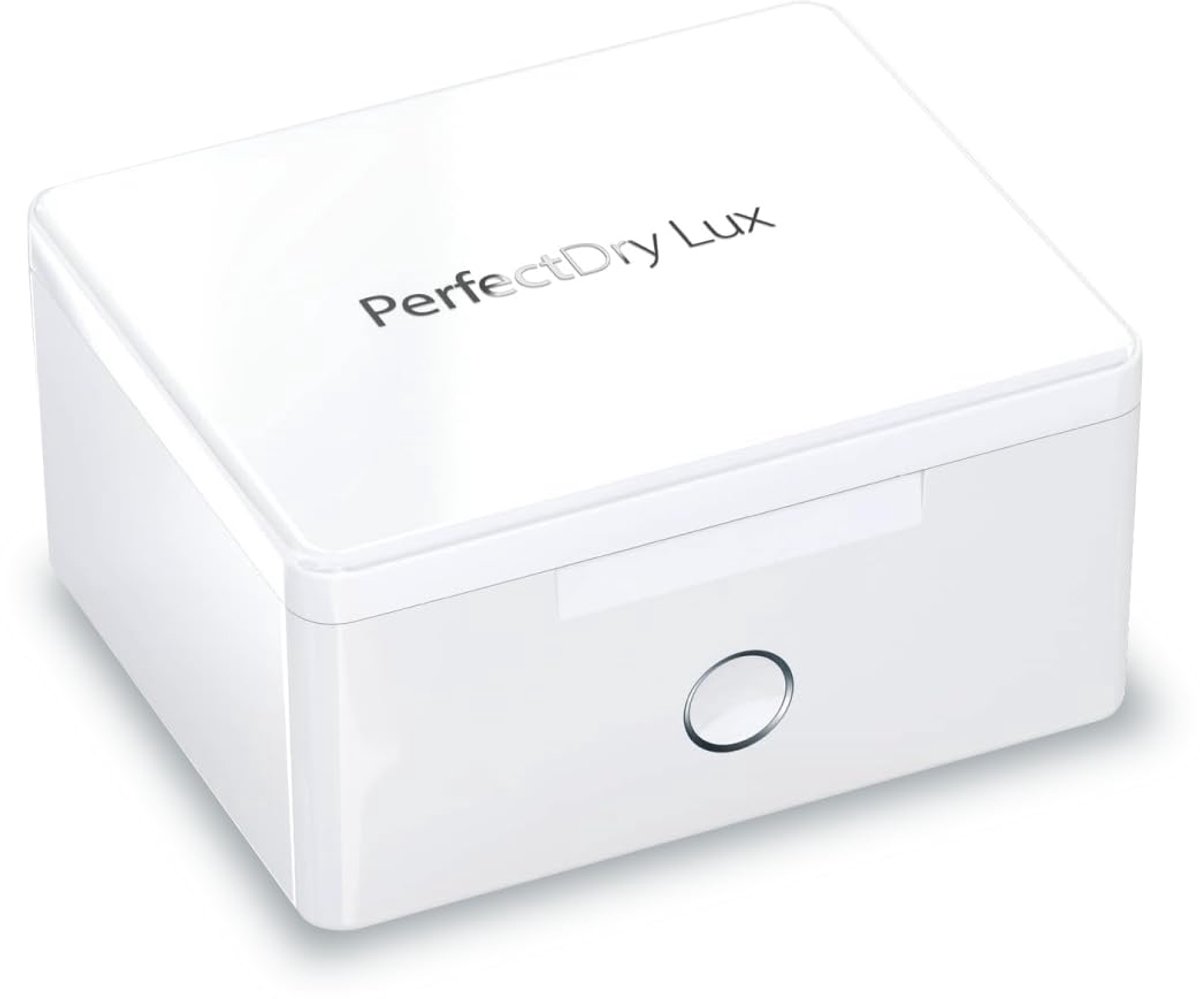 SnelShoppen - PerfectDry Lux Elektrische Luchtontvochtiger met Automatische UV-Sterilisator voor Desinfectie van Hoortoestellen, AirPods, Draagbare Bo