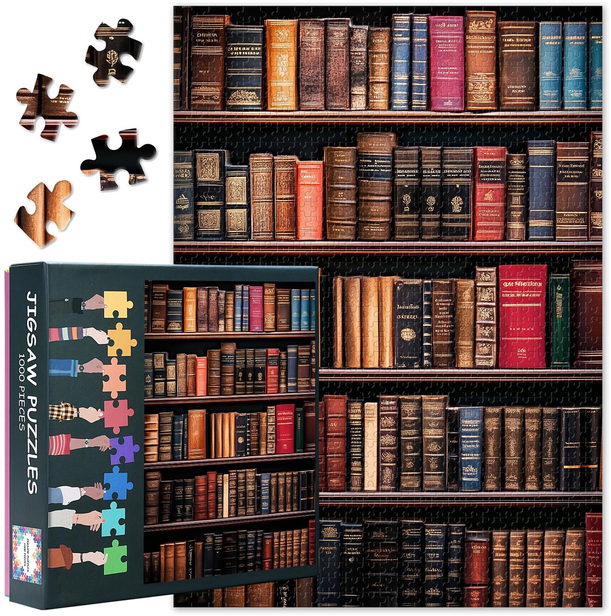 SnelShoppen - Vintage boekenkast puzzels voor volwassenen, 1000 stukjes antieke boeken puzzel, 70 x 50 cm bibliotheek design, perfect voor gezin en wa