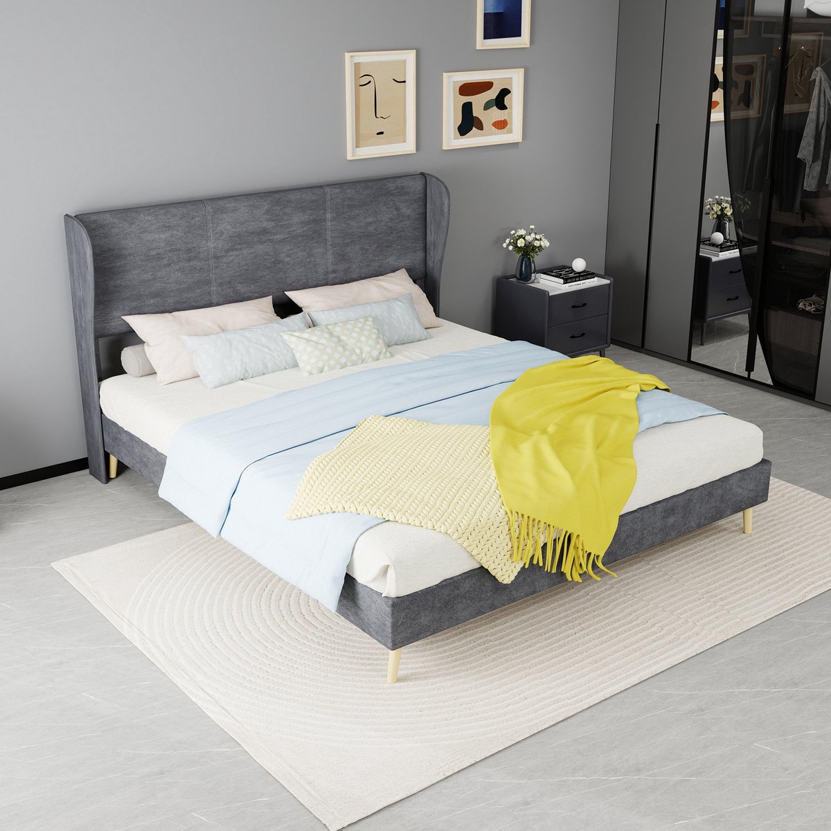 COVREO Gestoffeerd bed met zacht hoofdbord – 160x200 cm – Bedframe voor slaapkamer – Zonder opbergruimte – Grijs - zonder matras