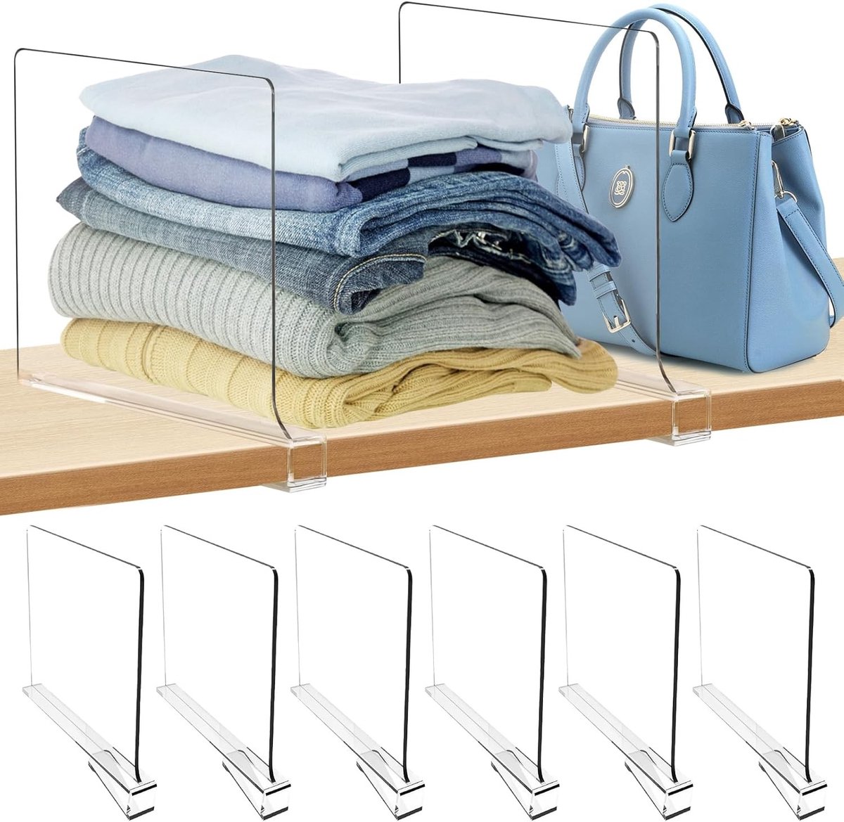 6 Stuks Transparante Acryl Plankverdeler, 30 x 20 cm, Verstelbare Kledingorganizer voor Kasten en Boekenplanken, Ideaal voor Opbergruimte en Orde