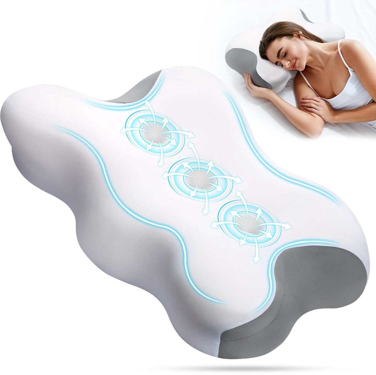 SnelShoppen - Ergonomisch Traagschuim Kussen met 3-groeven Ontwerp - Ondersteuning voor Nek en Schouders - Verkoelende Ice Silk Kussensloop - 3 Hoogte