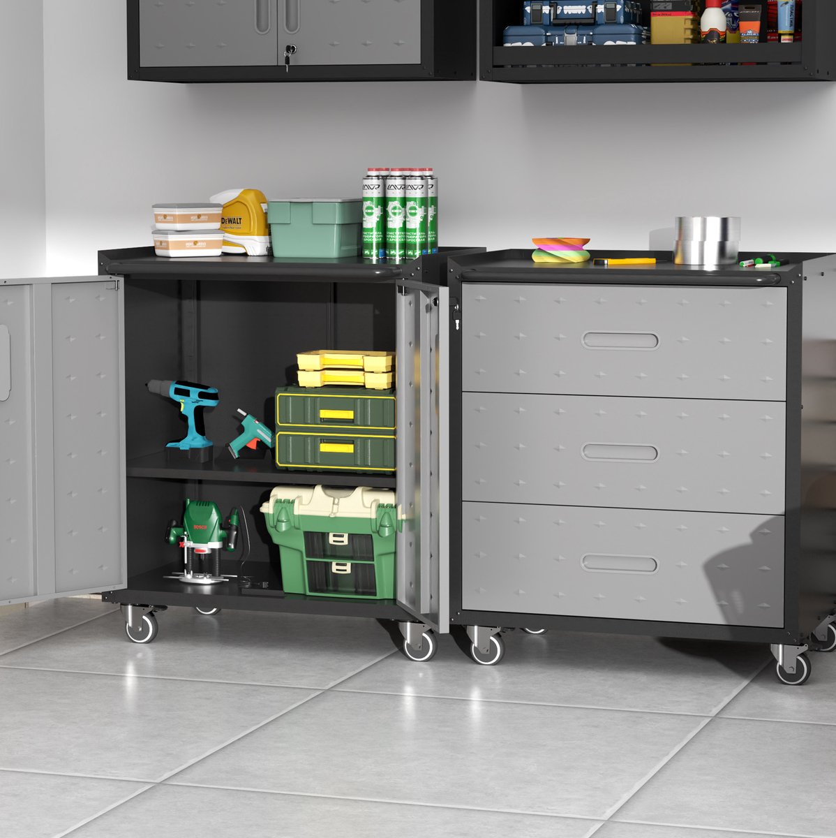 Metalen gereedschapskast op wielen 3 lades zwart grijs 75 x 42 x 88 cm