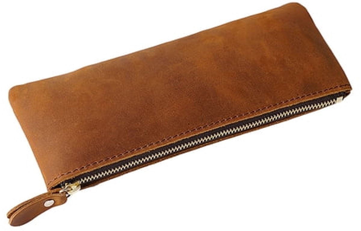 LISM-Leren etui met ritssluiting, geschikt als schrijfwarentas, make-uptas, brillenkoker of klein etui voor studenten. Geschikt voor pennen, potloden en stiften - bruin.