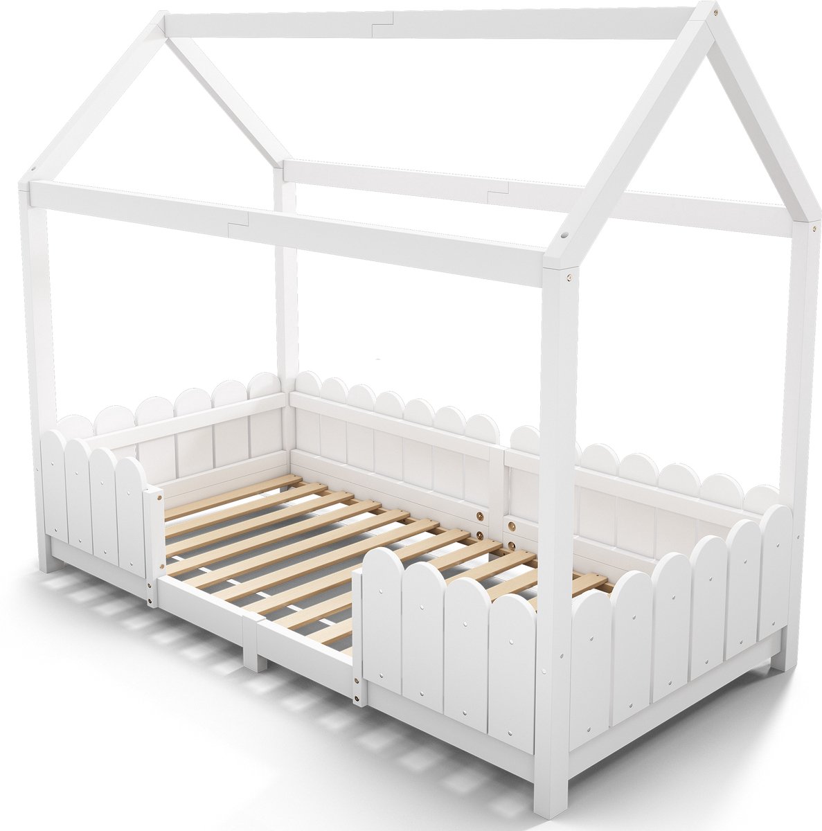 Huisbed 90x200 - Kinderbed Met Uitvalbeveiliging - Lattenbodem - Grenenhout - Kinderkamer - 96x206x175 cm - Wit
