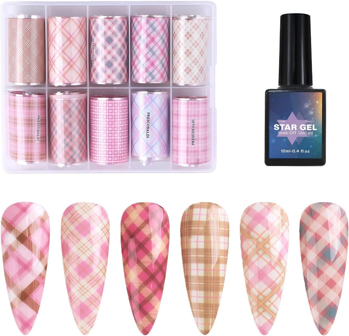 10 Rollen Plaid Nageltransfer met Sterren, Geometrische Lijnen en Krullen voor Creatieve Manicure Ontwerpen