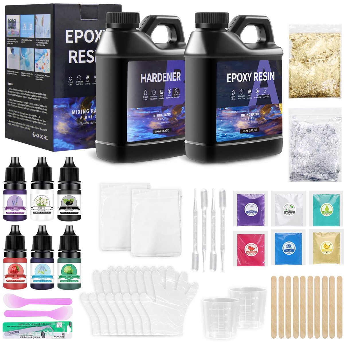SnelShoppen - Kizaten 1000 ml Epoxyhars Set - Transparante Epoxyhars met Verharder, Glitterpoeder, Houten Stokjes, Handschoenen en Maatbeker voor DIY