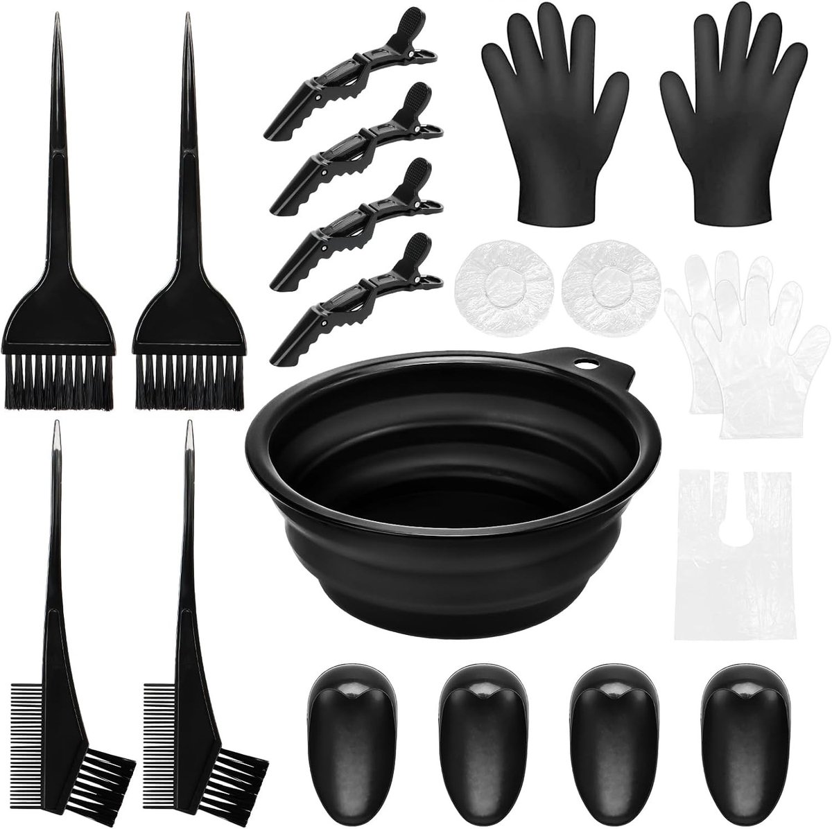 Complete set van 19 haarverf accessoires met borstels, kam, kleurenschaal en oorbedekking voor professioneel gebruik