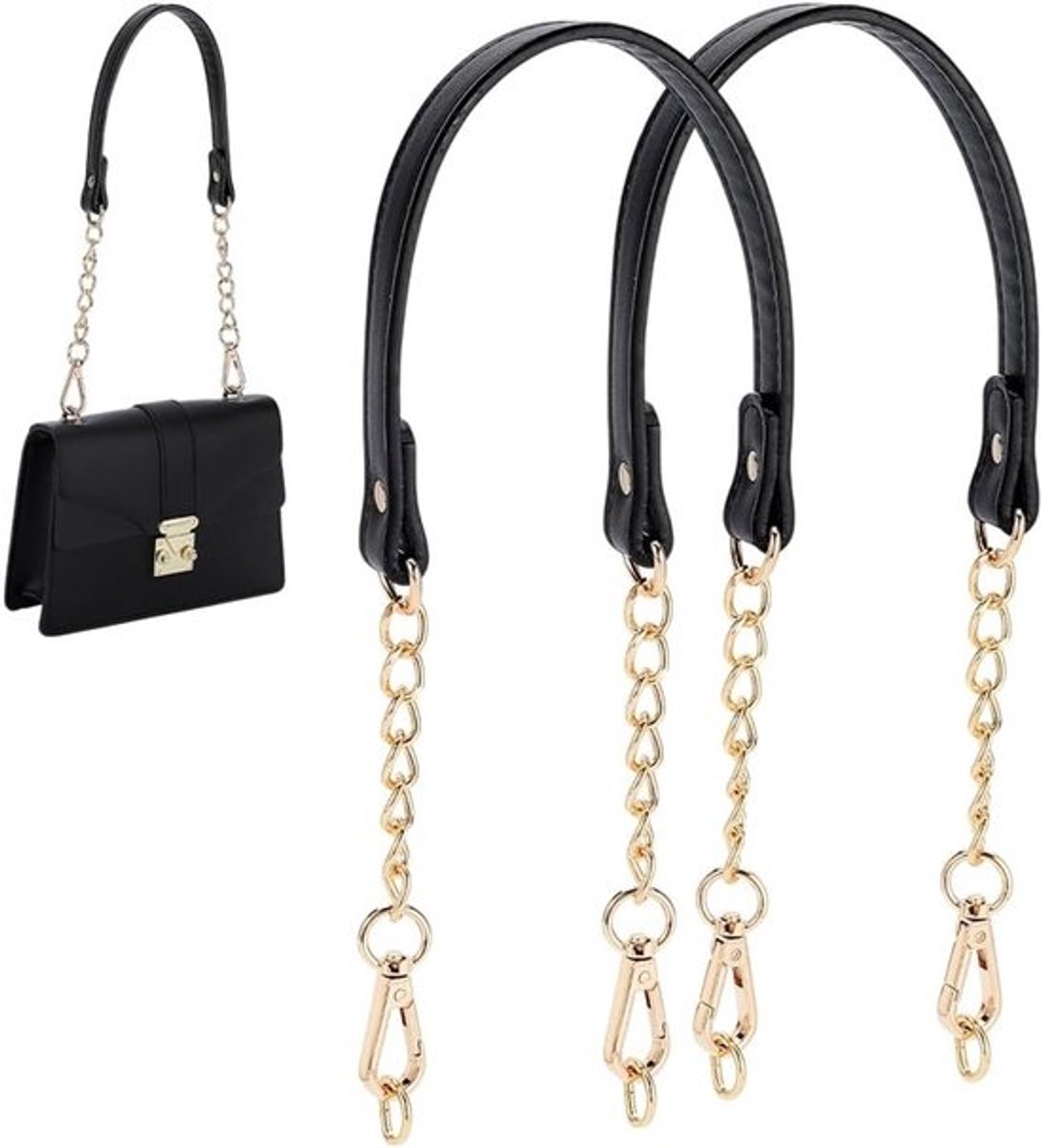 2 Pack Zwarte-Gouden Leren Tas Handvatten met D-ring voor Schoudertassen en Handtassen, 58.5 cm lang, Ideaal voor DIY Clutch en Accessoires